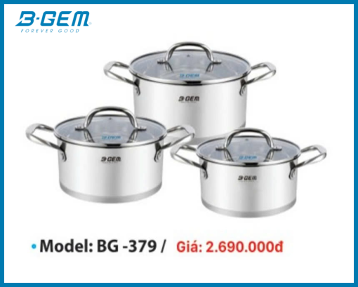 Bộ Nồi B-Gem BG-379 6 Món INOX304, Đáy nồi 5 lớp, Nắp Phẳng, Thiết Kế Phong Cách Châu Âu