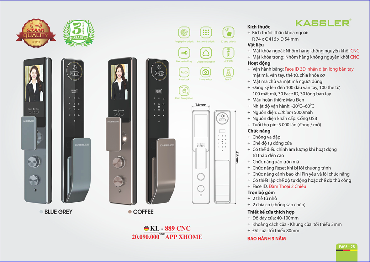 Khóa Vân Tay Kassler KL-889 Coffee Face ID, App Wifi