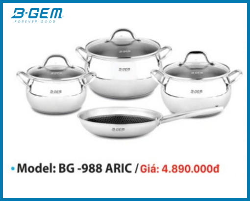 Bộ Nồi Belly B-Gem BG-988 ARIC Inox304 Cao Cấp 7 Chi Tiết Cấu Tạo Đáy Từ 3 Lớp